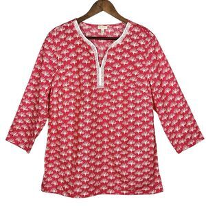 Talbots Factory Blouse Top Women‎ Size M Pink Palms Lace Neck 3/4 Sleeve Cotton